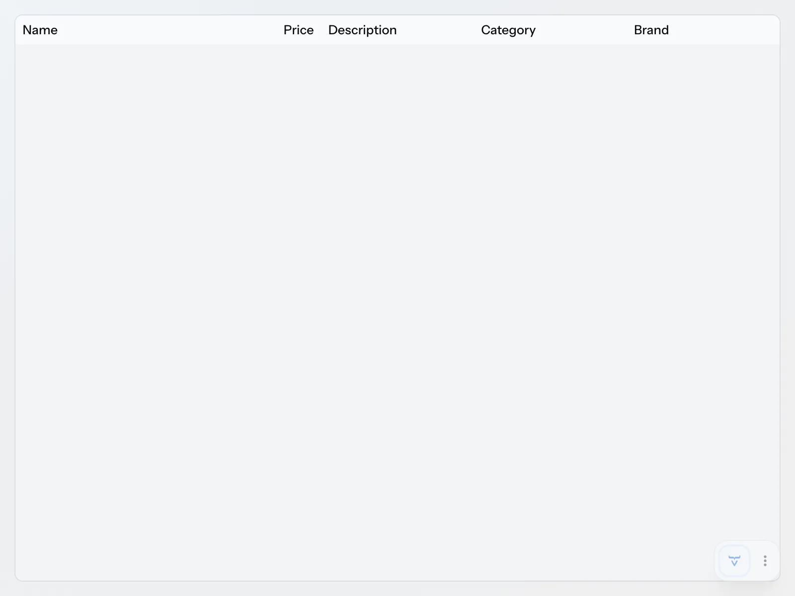 The product catalog view with an empty grid