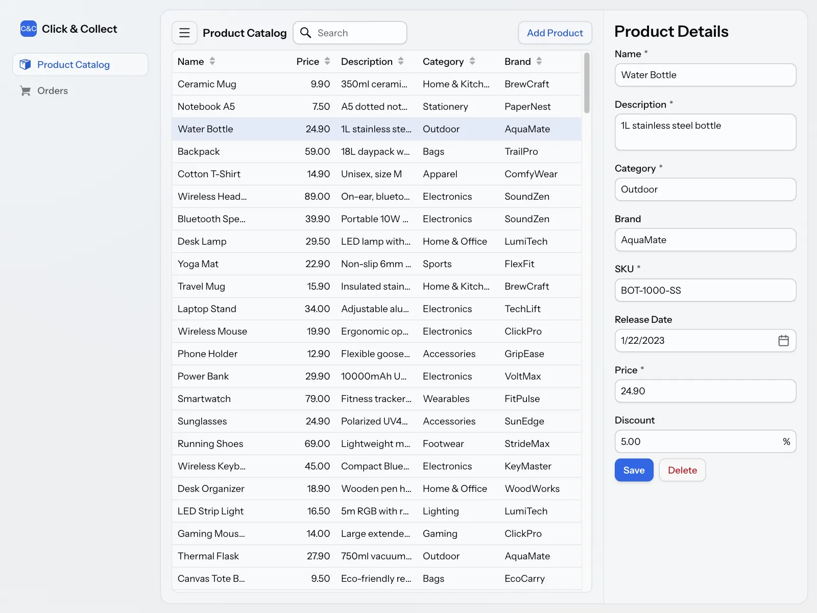 The finished product catalog with a navigation menu