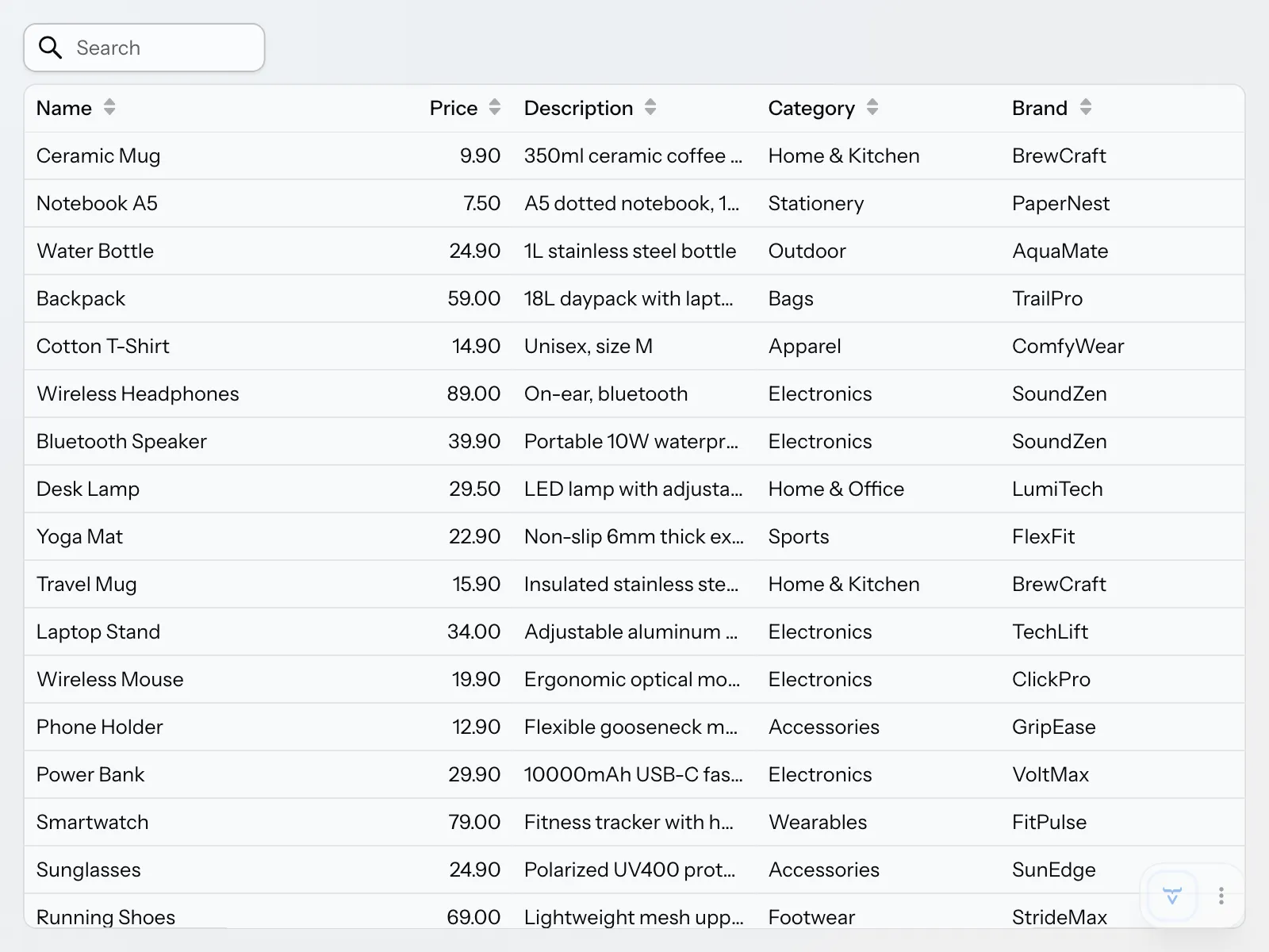 The product catalog view with search