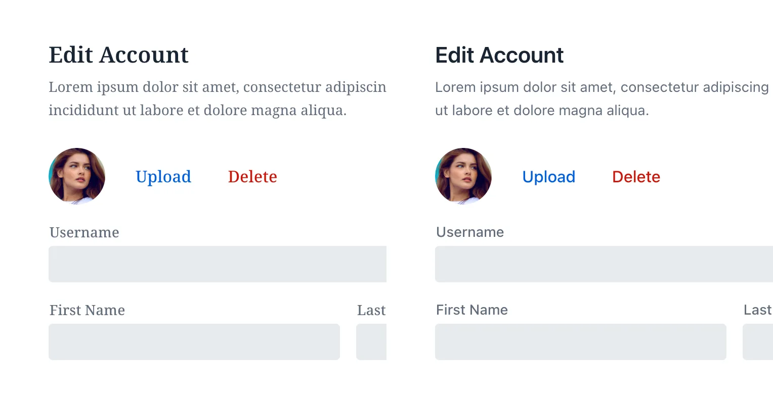 Two screenshots side by side. The first one shows an interface that uses serif font. The second one shows the same interface using a sans-serif font.